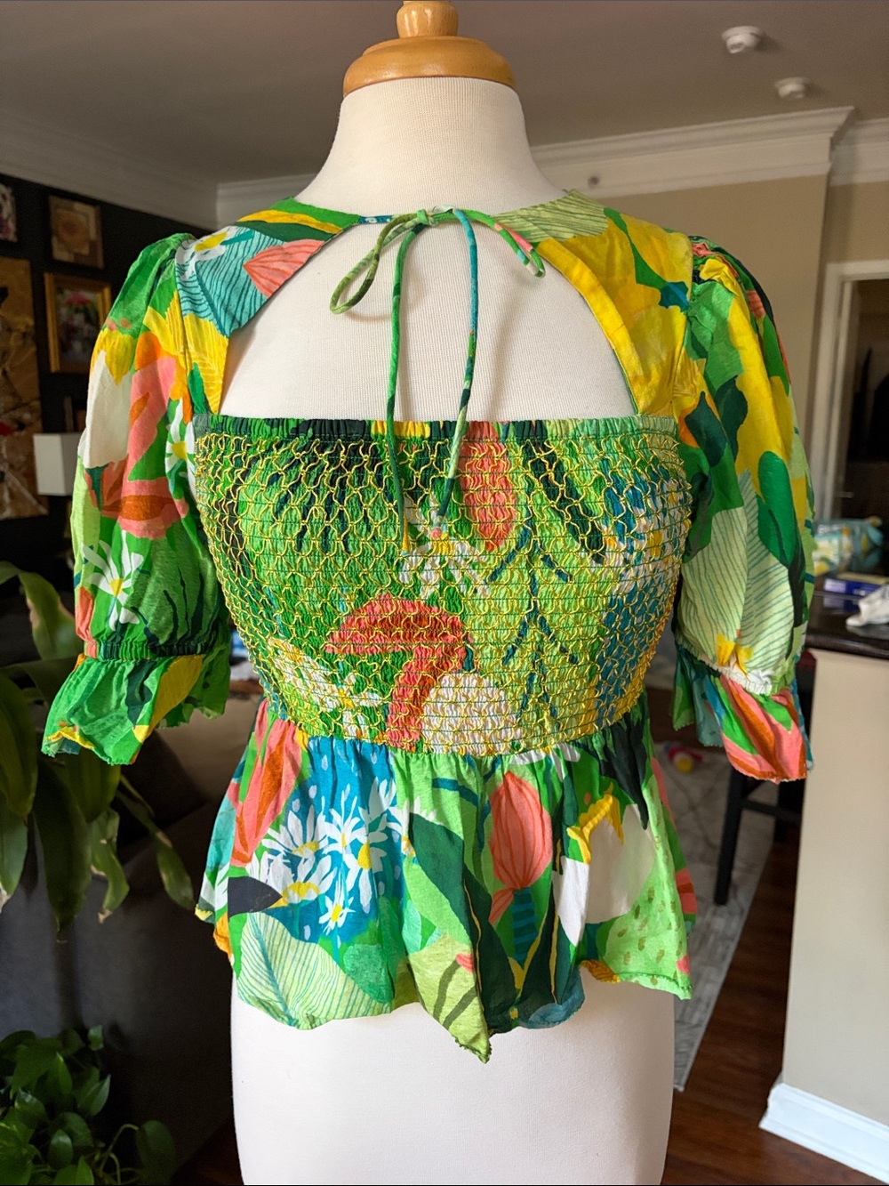 FARM Rio Green Tropical Smocked Tie-Back Peplum Top